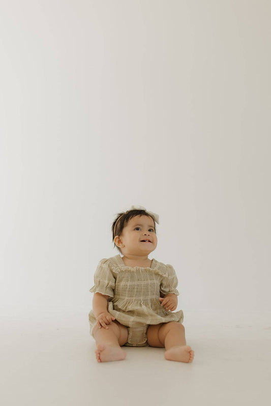 Ruffle Muslin Romper | Linen Grid