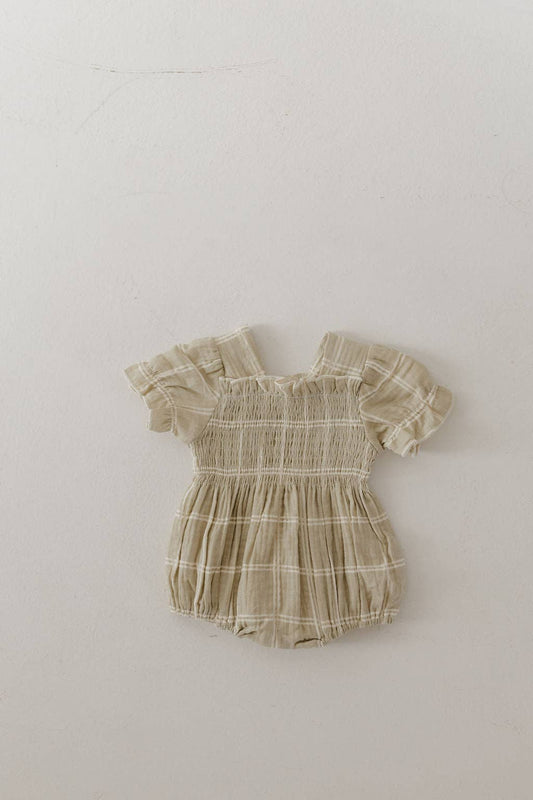 Ruffle Muslin Romper | Linen Grid
